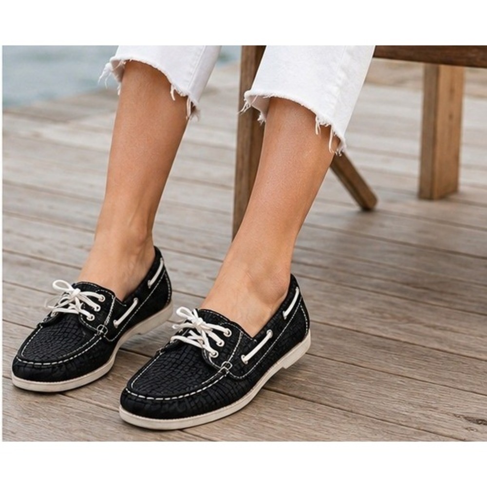 Spicy Comfort Womens Black Woven Boat Shoes Lace Up Moccasin Flats Loafers 11